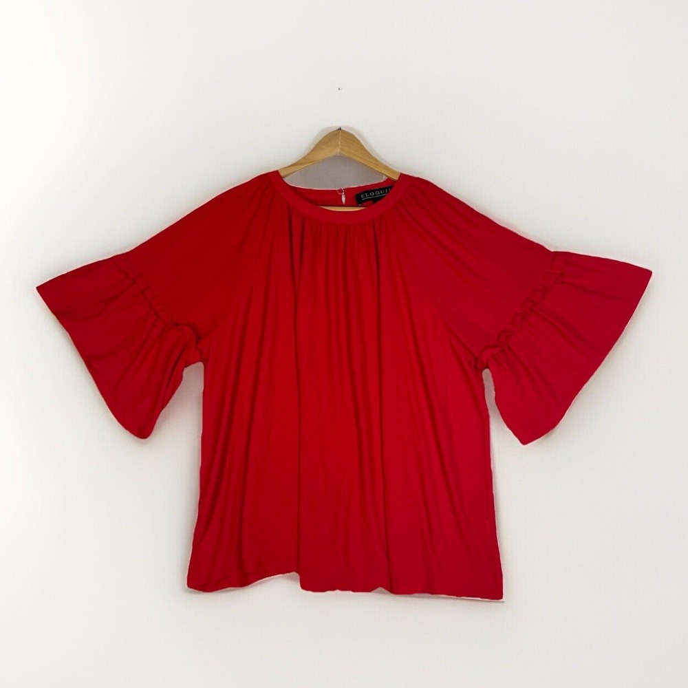 Eloquii Ruffled Bell Sleeve Blouse 14 Red Thin Relaxed Boho Holidays Christmas